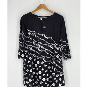 NWT Nanu Women Tunic M Top Black White‎ Wave Floral Print 3/4 Sleeve Stretch